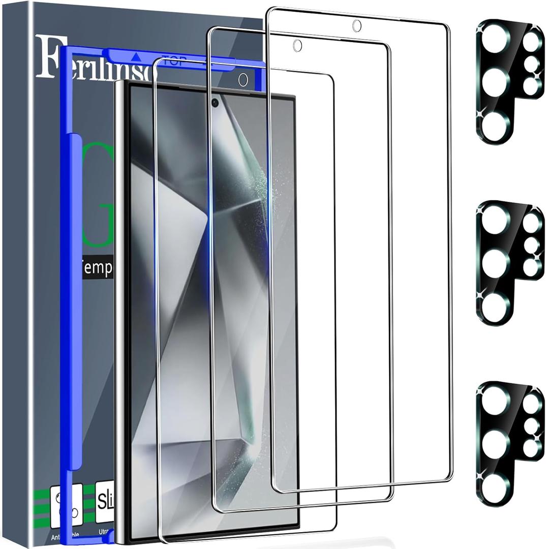 Ferilinso 3 Pack Screen Protector for Samsung Galaxy S24 Ultra with 3 Pack Tempered Glass Camera Lens Protector Phone Case Friendly Accessories Protector de Pantalla for Samsung S24 Ultra 6.8 INCH