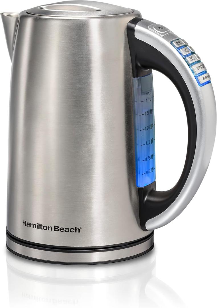 Hamilton Beach 1.7 Liter Temperature Control Electric Kettle, Water Boiler & Heater, Fast Boiling 1500 Watts, BPA Free, Cordless, Auto-Shutoff and Boil-Dry Protection, Stainless Steel (41020R) (1.8 Quarts)