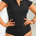 Holipick Plus Size One Piece Swimsuit for Women Tummy Control Cap Sleeves Bathing Suits Zipper Front Rash Guard Swimwear (Black, 22W)