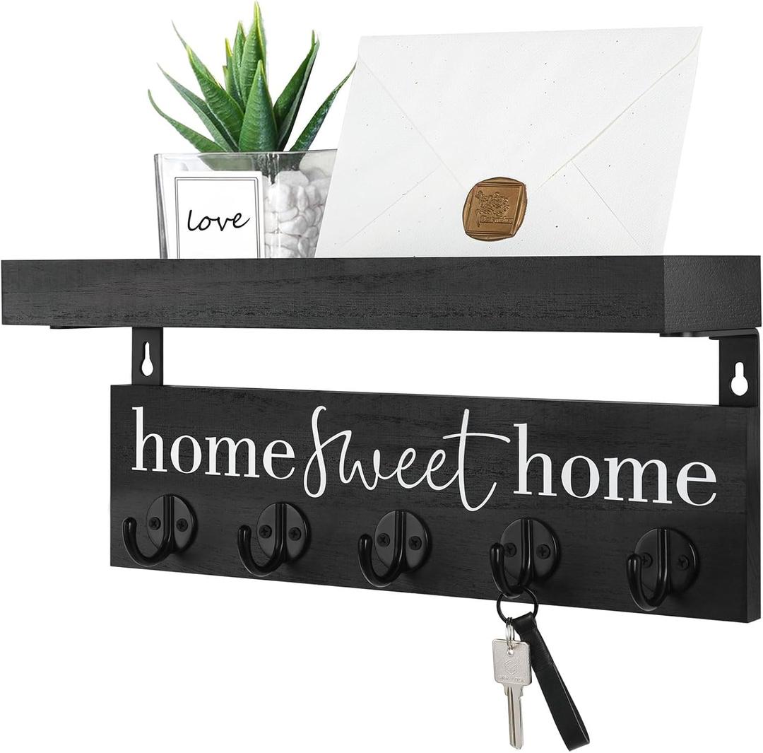 Key Holder Wall Mount  Rustic Shelf with Hooks for Coats, Leashes  Paulownia Wood with Metal Key Hooks Enhances Farmhouse Decor and Entryway Storage (14" x 6.3" x 3.9") Black