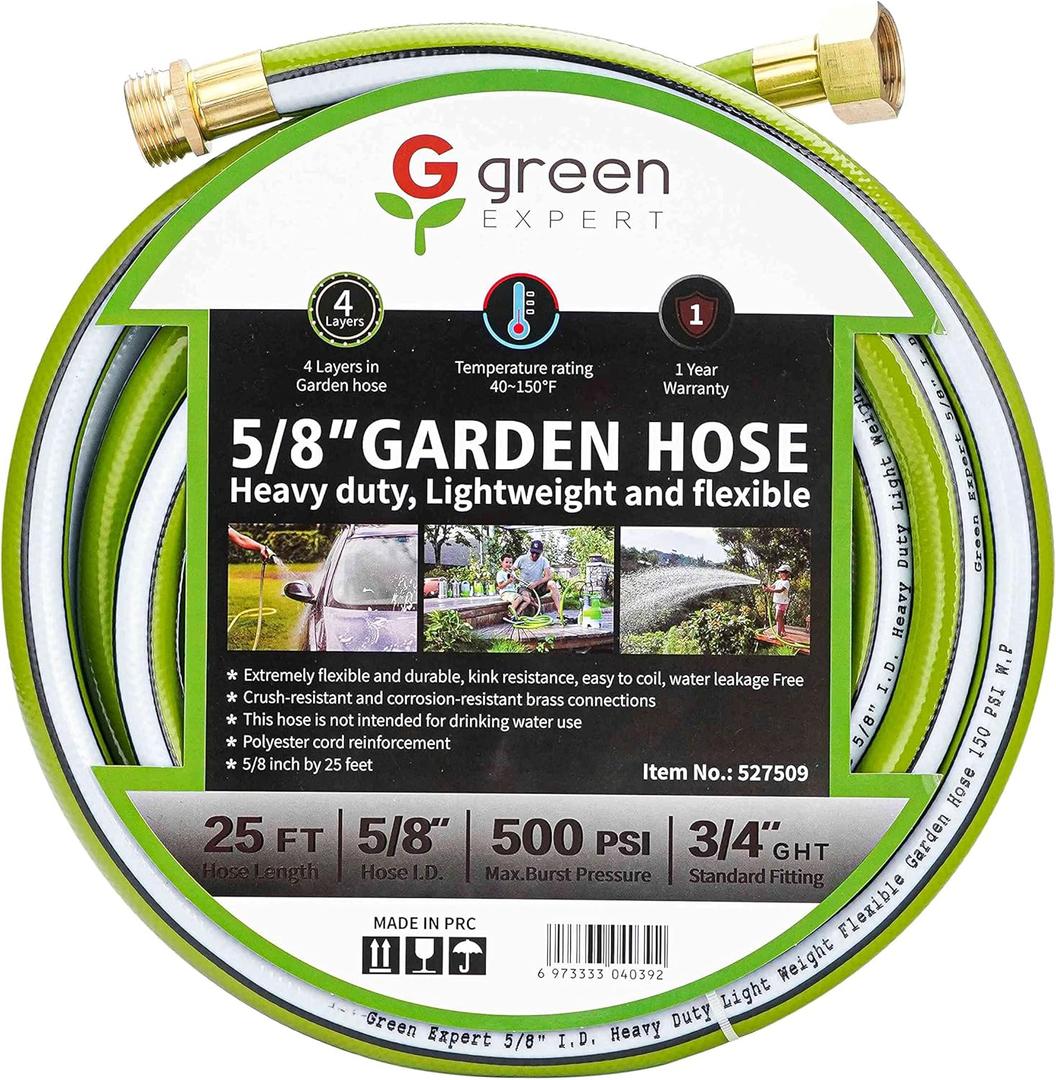 Green Expert PVC Garden Hose 5/8" ID with 3/4" GHT Brass Fittings for Easy Installation No-Pressure-Lose Hose Quick Water Transferring in House Garden Backyard Farm 25FT 527509
