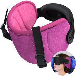 Travel Pillows for Airplanes, Airplane Pillow for Long Flight, Airplane Head Strap with Eye Mask for Sleep, Travel Neck Pillow for Car Road Trip, 360 Support Headrest, Stop Bobblehead, Pink