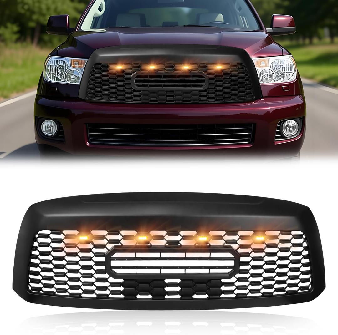 Upgraded Matte Black Front Grille for 2008-2017 Sequoia, [TRD Style] with 4 Amber Grill Lights, Sequoia Grille Front Upper Hollow Bumper Grill