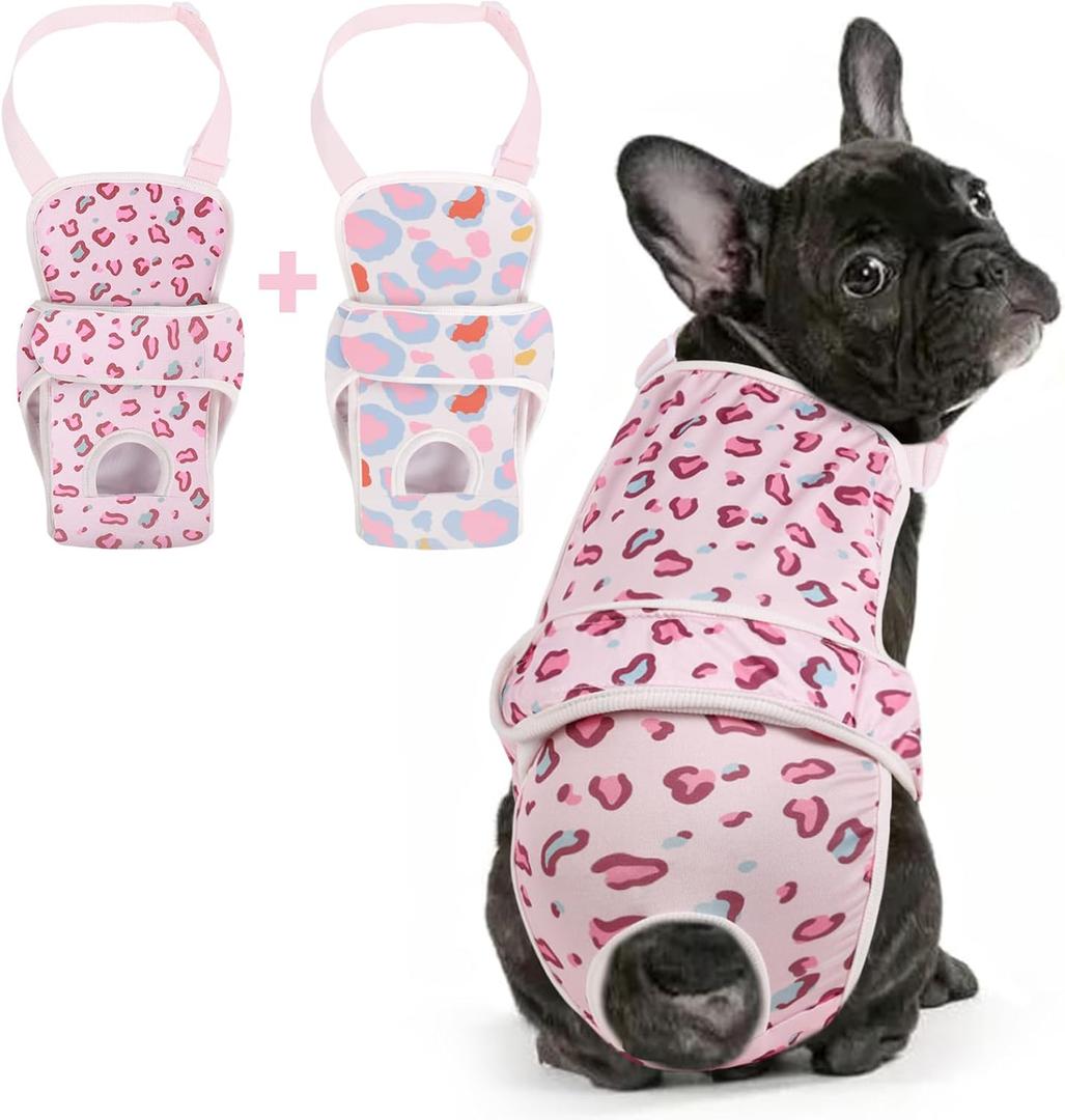 2 Pcs Dog Diaper Suspenders Female, Washable Dog Panties for Dogs in Heat with Cute Leopard Print, Escape Proof Dog Underwear Diapers, Reusable Pet Sanitary Pantie for Small Medium Girl Dogs,L