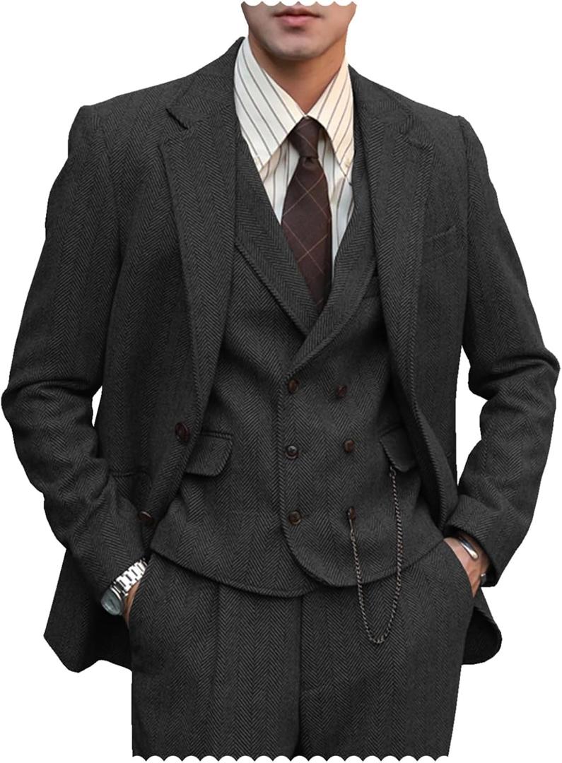 Tuikayoo Mens Formal Tweed Wool 3 Piece Wedding Slim Fit Suit Prom Tuxedos Groomsmen（Black，3XL）