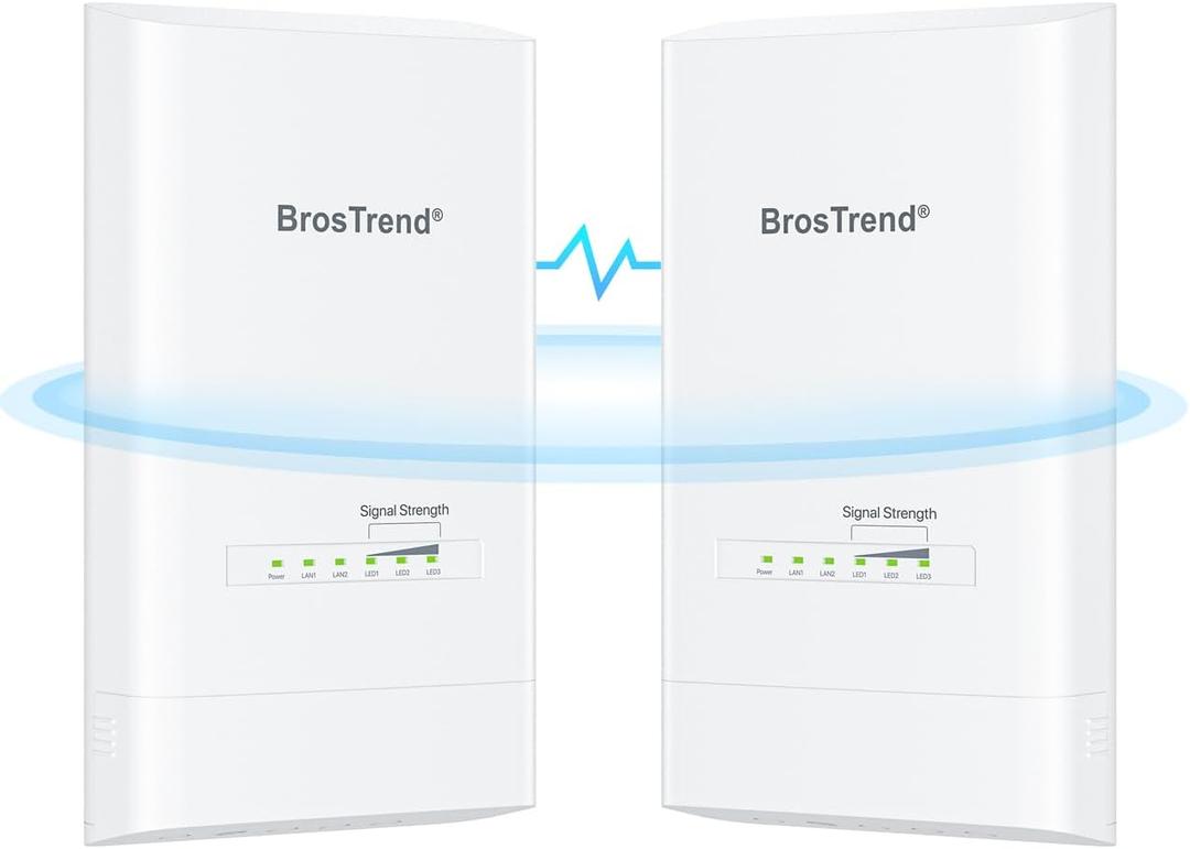 BrosTrend 5KM WiFi Bridge, Wireless Bridge Point to Point Outdoor, Long Range PtP PtMP for Camera, 2X Gigabit Ports, Plug&Play 5G 867Mbps, PoE Powered, Work with Starlink, Extend Network to Buildings