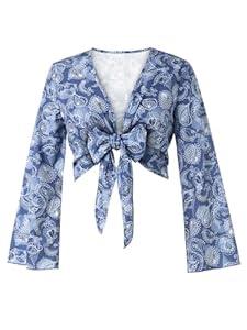 Yousify Women's Floral Long Sleeve Blouses Summer Boho Tie Front V Neck Shirts Crop Tops (Medium)
