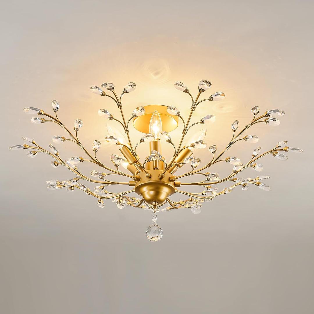 CVKASH 5-Light Vintage Small Crystal Chandelier Modern Brushed Gold Branche Ceiling Light Fixture Farmhouse for Kitchen Dining Room Living Room Bedroom Hallway Foyer