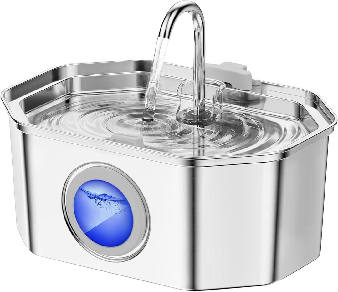 Cat Water Fountain Stainless Steel 108oz/3.2L, APAUK Automatic Pet Fountain Dog Water Dispenser with Water Level Window, Quiet Cat Fountain for Drinking, Inside with Replacement (1 Filter & 1 Sponge) (Silver)