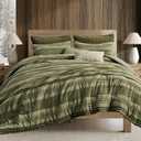 Wonderful Army Green Comforter Set Queen Size, Yarn Dyed Farmhouse Striped Cotton Lightweight Boho Comforter with Pillow Shams, Fluffy Bedding Set for All Season