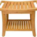 Zhuoyue Bamboo Spa Bath Shower Stool & Bench with Storage Shelf, Shower Bath Seats for Adults Seniors Women Elderly Tileable (24 x 13.4 x 18.5 inches+Beige)