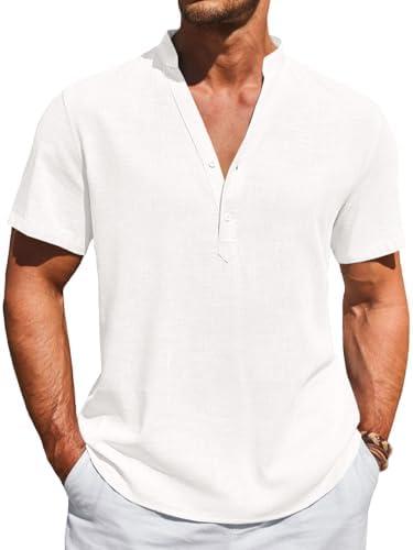 Runcati Mens Casual Henley Shirts Linen Short Sleeve V Neck Band Collar Shirt Beach Summer Hippie Lightweight Tops, XL