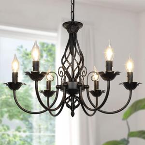 6-Light Farmhouse Candle Chandelier for Living Room, Rustic Industrial Pendant Ceiling Light fixture, Vintage Hanging Lamp for Bedroom Hallway Kitchen Dining Room Foyer, Matte Black E12 Socket Black, 6-Light(22")