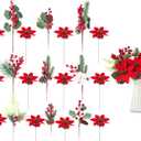 WILLBOND 24 Pcs Christmas Tree Picks Decorations Red Berry Pine Vase Picks Spray Berry Branches Poinsettia Holly Pine Flower Pick Berries Pinecones for Christmas Crafts Party Festive Home Decor (Bright)