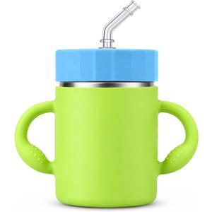 12oz Kids Stainless Steel Water Bottle, Spill Proof Insulated Stainless Steel Sippy Cup with Straw & Handles, Stainless Steel Toddler Cups with Silicone Sleeve, Great for Travel - Green