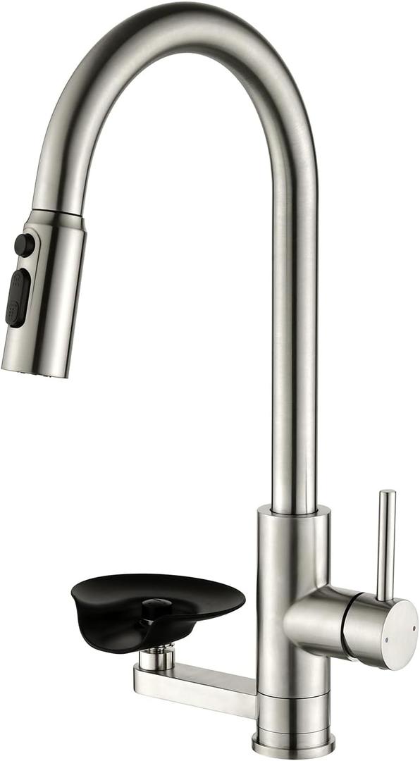 OWOFAN Kitchen Faucet with Cup Washer Pull Down Sprayer Stainless Steel Kitchen Sink Faucet with Deck Plate Glass Rinser Single Hole Brushed Nickel