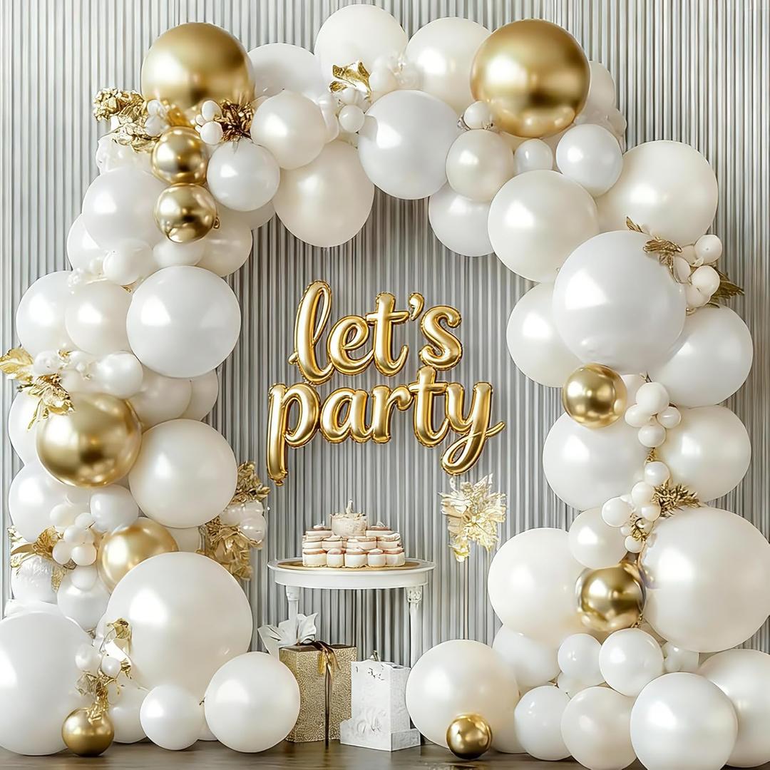 White and Gold Balloons Arch Kit - 129 pcs Double Stuffed Pearl White Sand Beige Ivory Chrome Gold Balloons for Wedding Birthday First Communion Party Decorations