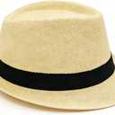 Straw Fedora Hat for Men Summer Short Brim Panama Hat Beach Casual (Beige)