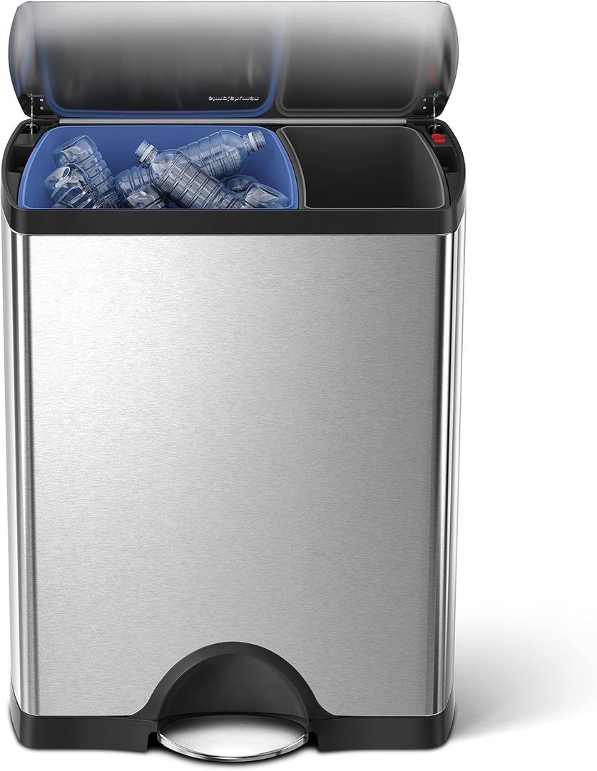 simplehuman Rectangular Dual Compartment Recycling Kitchen Step Trash Can, 46 Liter, Brushed Stainless Steel (46 Liter Recycler)