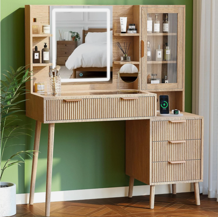 Fluted Vanity Desk with Mirror and LED Lights, Glass Top Makeup Vanity with 5 Drawers, Light Brown