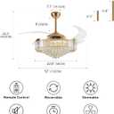 52 Inch Crystal Ceiling Fan with Light and Remote Modern Dimmable Fandelier Invisible Retractable Chandelier Fan Gold for Bedroom Living Room