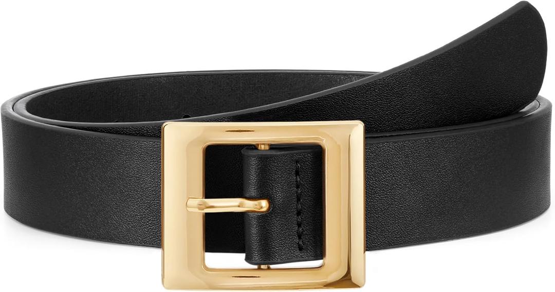 WHIPPY Women Fashion Leather Belt for Jeans Pants Dress Ladies Black Belts with Square Gold Buckle (S: Fit Waist Size 26-30 Inches)