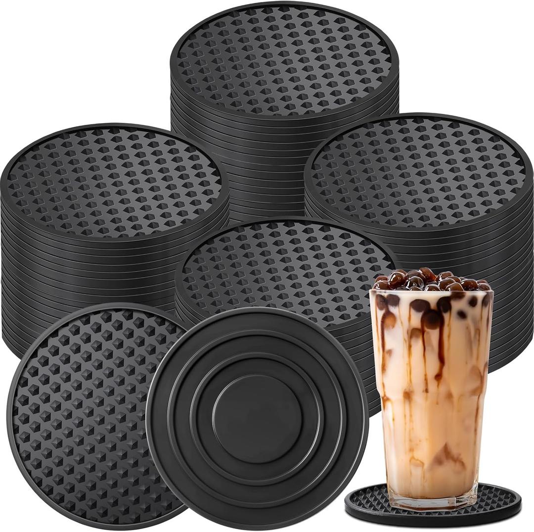 Eccliy 60 Pack Silicone Coasters for Drinks Nonslip Silicone Drink Coasters Cold Hot Heat Resistant for Table Tabletop Coffee Bar (Black)