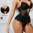 Women Lingerie Set Naughty Lace Bodysuit High Waisted Underwire Lingerie Babydoll With Garter Belt and Stockings (Black, XL)