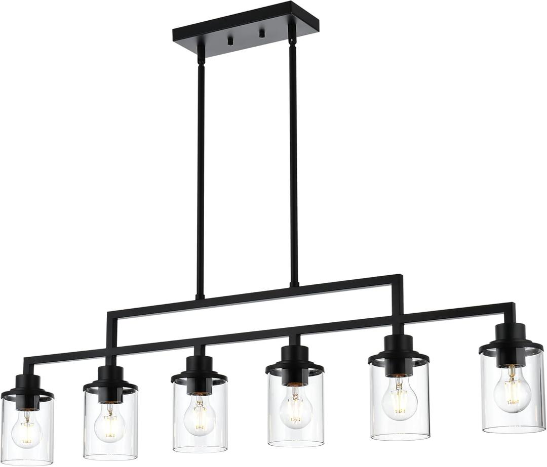 43.3" Kitchen Island Lighting, 6-Light Dining Room Light Fixture,Black Chandelier Farmhouse Linear Pendant Lighting for Kitchen Island Dining Table Living Room, Height Adjustable