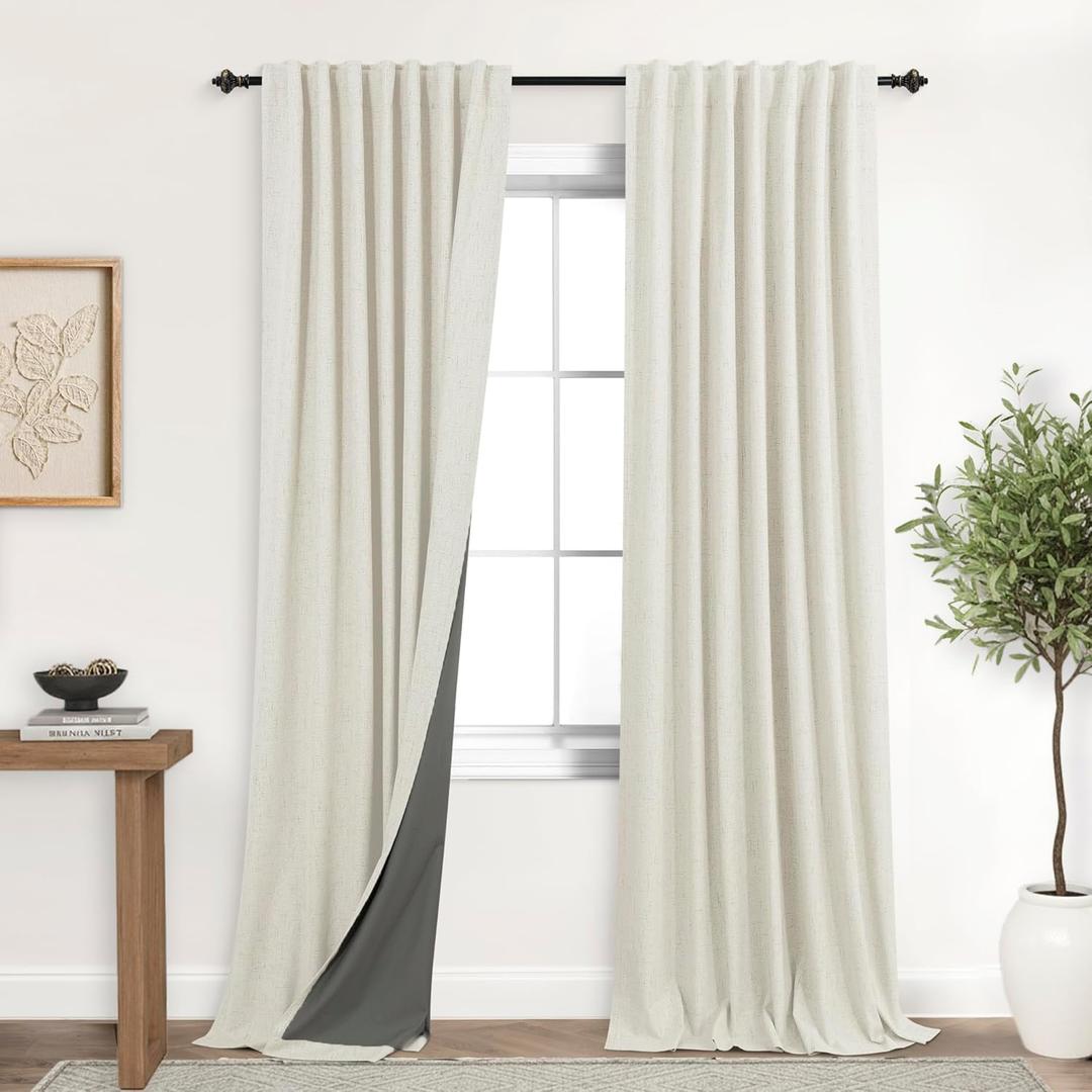 Linen Blackout Curtains Cream Black Out Curtain 84 Inch Long, Thermal Curtains for Summer Insulated,Modern Farmhouse Boho Chic Decor Neutral Cottage Core Darkening Curtains for Bedroom Living Room