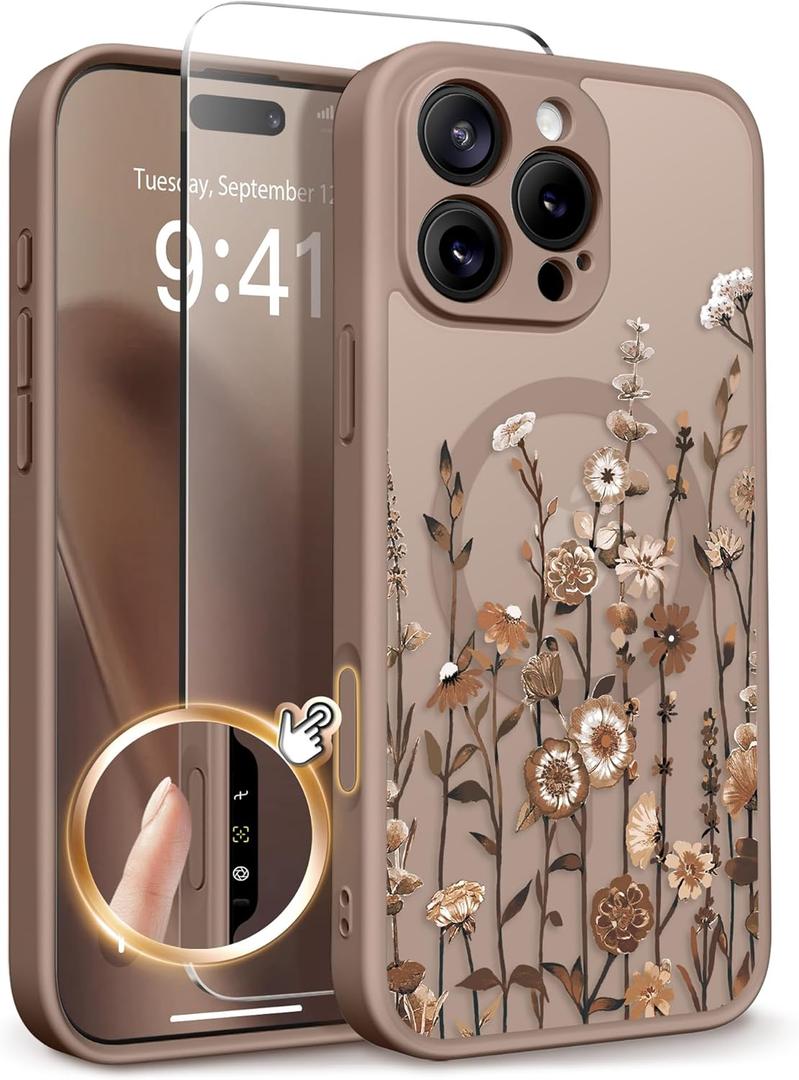 GVIEWIN for iPhone 16 Pro Case Compatible with MagSafe, Military Grade Protection Screen Protector Full Camera Protection Floral Translucent Women Magnetic Phone Case, Floratopia/Brown