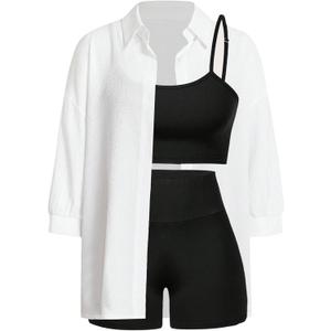 Floerns Women's 2 Piece Outfit Active Biker Shorts Camisole with Long Sleeve Shirts Set Black and White Small