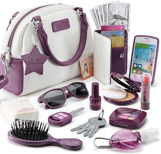 Deluxe Purse Set - Purple Play Purse for Little Girls Toddler Girl Toys Includes Phone, Wallet, Fake Makeup Accessories 3 Year Old Girl Gifts Princess Toys Dress Up Pretend Play Birthday Gift for Girls Ages 3 4 5 6 +, 