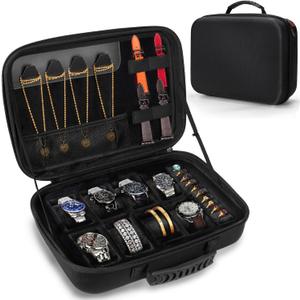 Travel Jewelry Box Watch Case, 8 Slots Watch Organizer for Men Women, Hard Storage Bag with 10 Ring Holders, 4 Necklace Hooks, 4 Watch Strap, Jewelry Bracelets Carrying Case with Soft Pillow
