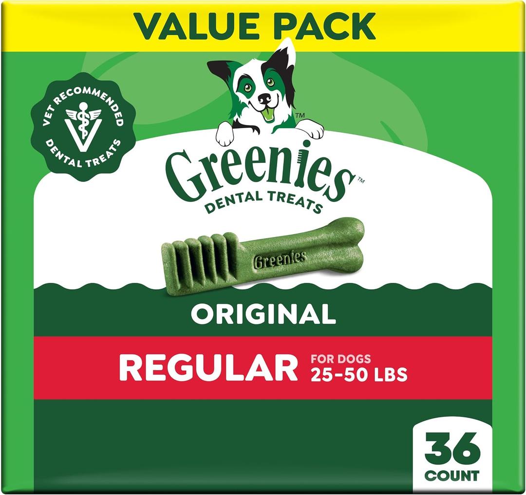 Greenies Veterinarian-Recommended Adult Natural Dental Dog Treats Regular Size, Dog Dental Chews, Original Flavor, 36 oz. Pack, 36 Count (EXP 07/22/27)