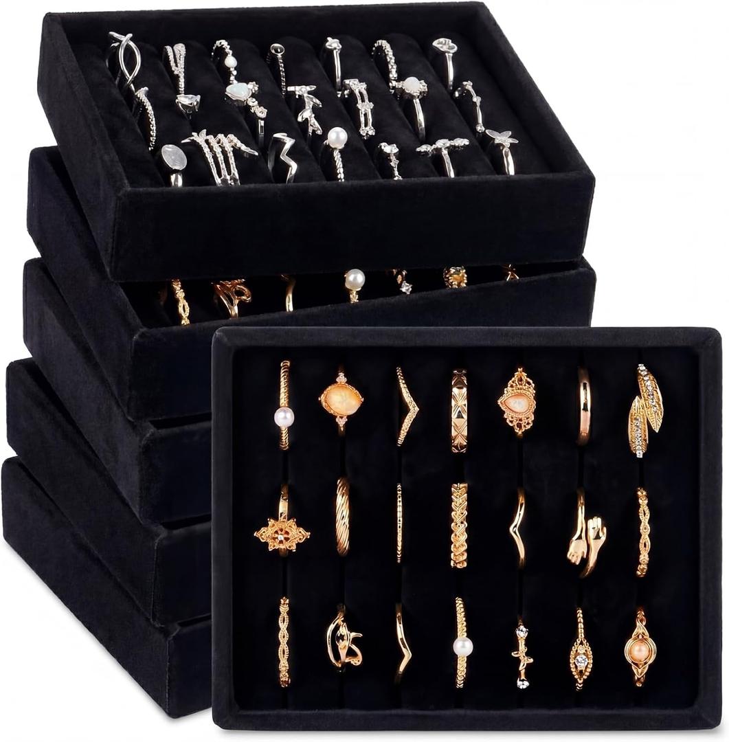 6 Pcs Small Velvet Ring Display Black Jewelry Box Inserts Earring Display Tray Storage Insert Holder 7 Slots for Gifts Selling Drawer
