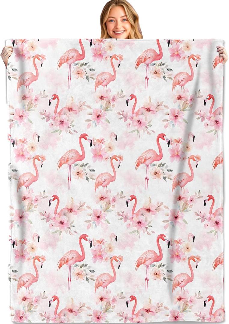 Cute Flamingo and Floral Throw Blanket,60x80in,Soft,Lightweight Flannel,Tropical Flower Blankets - Gifts for Kids Women Girls,for Couch Office Travel,Home Living Room Modern Summer Decor
