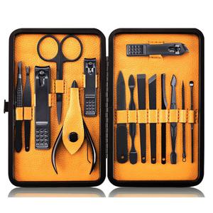 Professional Stainless Steel Nail Clipper Travel & Grooming Kit Nail Tools Manicure & Pedicure Set of 15pcs with Luxurious Case (Black/Yellow)