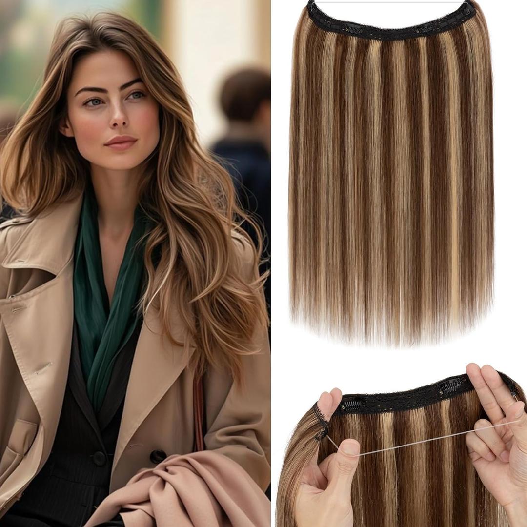 Rich Choices Halo Hair Extensions Real Human Hair Remy Hairs Halo Extension for Women Invisible Wire One Piece Clip in Hairpiece 16 Inch Straight-#4P27 Medium Brown Highlight Dark Blonde