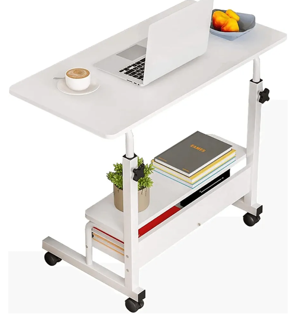 Adjustable Height Mobile Computer Desk for Small Space Rolling Writing with Wheels Corner Home Office Study Portable Bedrooms Work Size 31.5x15.7 Inch Storage Gaming Table, White