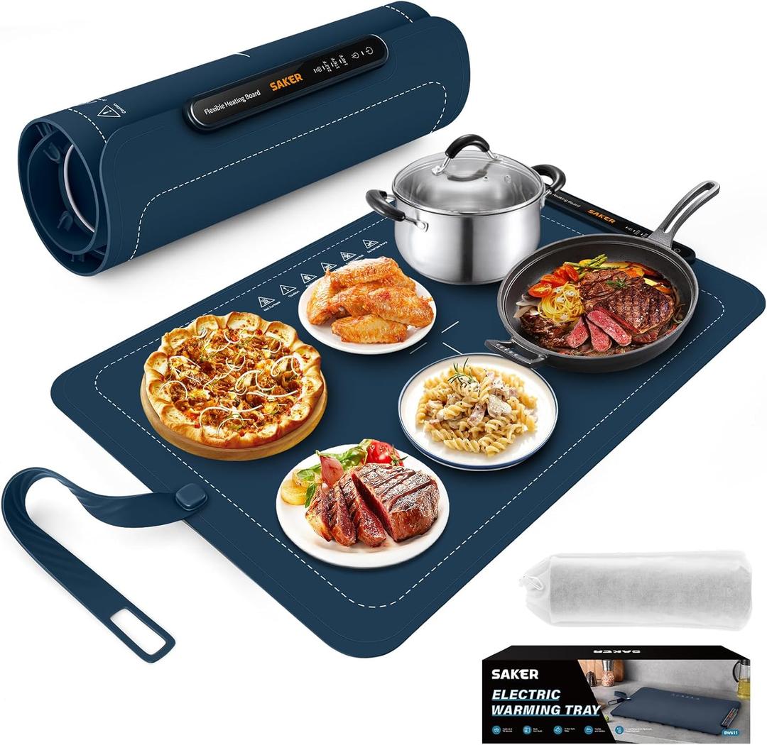 Saker Food Warming Mat, Electric Warming Tray for Food, Adjustable Heating Mat for Countertop with 3 Temperature Settings & Child Lock, Portable Foldable Food Warmer for Party, Buffet, Daily Use