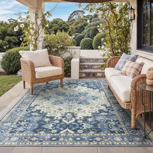 GENIMO Outdoor & Indoor Area Rug 4'x6', Waterproof, Non-Shedding, Easy Cleaning, Boho Mat for Patio, Living Room, Balcony, Dining Room, RV, Deck, Bedroom, Camping, Outside Carpet,Center Blue