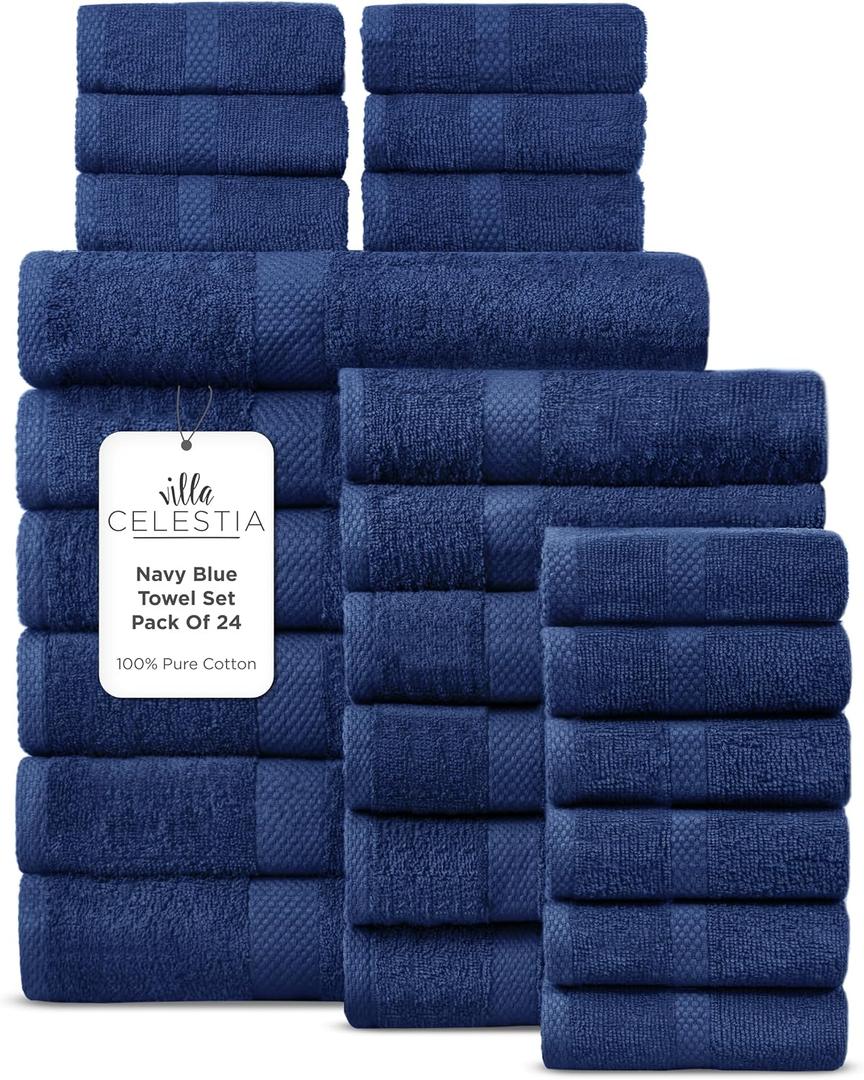 100% Cotton Bath Towel Set of 24-6 Bath Towels, 6 Hand Towels, 12 Wash Cloths, Sustainable, Soft, Highly Absorbent, Combed Cotton 24 Piece Set for Hotels, Spa, Bathroom, Dorm, Navy Blue, Towel Set - Pack of 24