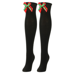 WiliW 2 Pairs Christmas Thigh High Stockings Plus Size, Red White Striped Over Knee High Socks for Women(Black Bow, XL)