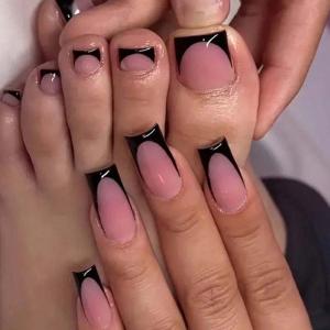 French Tip Press On Toenails Square Fake Nails Medium False Nails With Glitter Design Full Cover Artificial Acrylic Glue On Nail Cute Stick On Toenail For Women Manicure Kit 48pcs