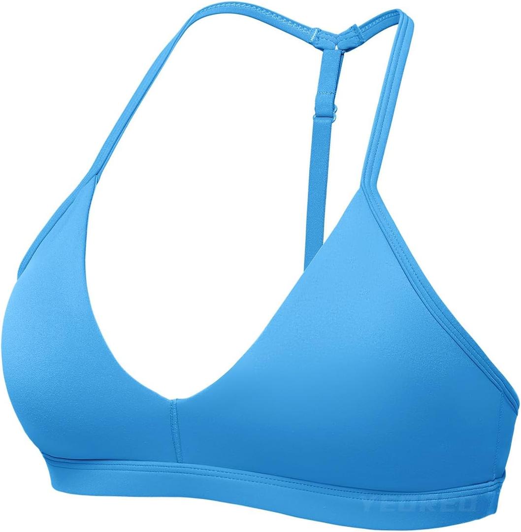 YEOREO Sports Bras for Women Strappy Padded Halter Ericie Open Back Light Impact Deep V Neck Yoga Workout Gym Tops (Small, Blue)