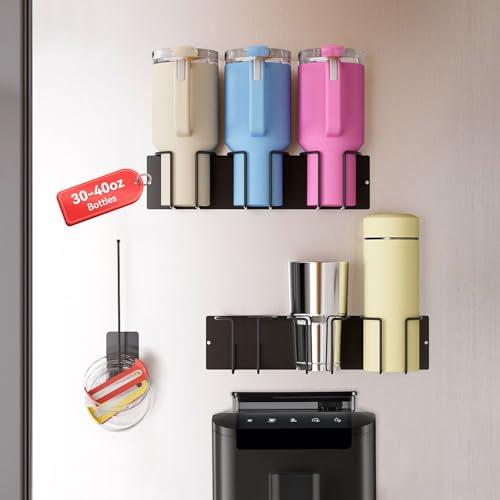 Magnetic Stanley Cup Holder for Refrigerator - 3 Piece Set with Lid Organizer & Straw Holder - Heavy Duty Metal Water Bottle Rack for Fridge, Cabinet, RV - Fits Stanley 40oz 30oz Tumbler with Handle