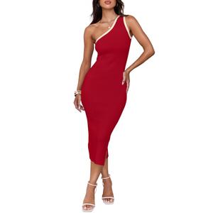 ZESICA Women's 2025 Summer One Shoulder Bodycon Midi Dresses Casual Sleeveless Ribbed Knit Side Slit Vacation Dress,Red,Medium (Red, S)