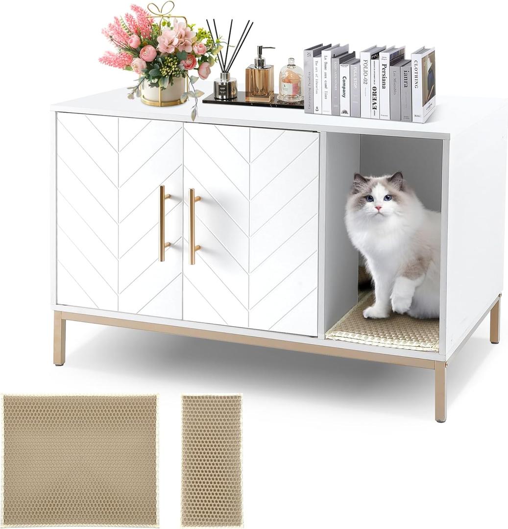 Cat Litter Box Enclosure Furniture with Double-Layer Litter Mat,Designer-Crafted Litter Box Furniture,Hidden Litter Box Serve as Side End Table&TV Table Fits Most Litter Boxes