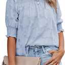 Dokotoo Womens Blouses Half Sleeve Shirred Tops Crewneck Lace Textured Flowy Casual Shirts (Large, Sky Blue)
